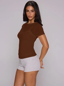 MUSERA ESSENTIALS Double Layered Sheer White Loose Fit Tee With Fitted Scoop Tank Underlayer  Spring Summer Cute Holiday Daily Everyday Back To School Vacation Office - Brown - View 3