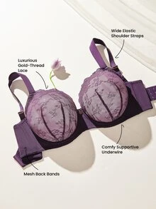 LUVLETTE Plus Halloween Full Coverage Breathable Underwire Sexy Unlined Sequined Glam Lace Elegance Lingerie Lounge Curve Intimates Minimizer Purple Bra - Purple - View 2