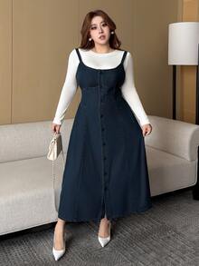 Dazy Plus Washed Vintage Denim Casual Layering Fitted Spaghetti Strap Denim Dress Spring/Autumn New - Dark Wash - View 6