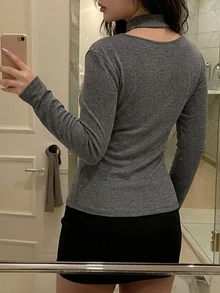 Dazy Plus Korean Style Layered Asymmetric Placket Criss-Cross Tie Casual Fitted Long Sleeve Spring Autumn New T-Shirt - Dark Grey - View 5