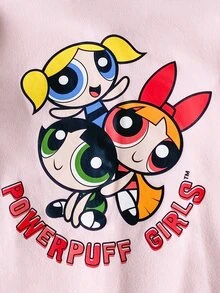 THE POWERPUFF GIRLS X SHEIN 兒童青少年女孩 2件組純色粉色抽繩連帽上衣與寬腿長褲套裝，休閒風格，適合春季/秋季日常穿著 - 粉色 - 查看 8