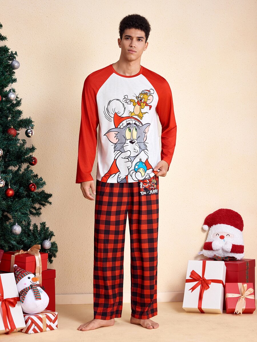 TOM & JERRY X SHEIN Men's Cartoon Print Long Sleeve Top And Plaid Pants Loungewear Set - Red and White - View 1