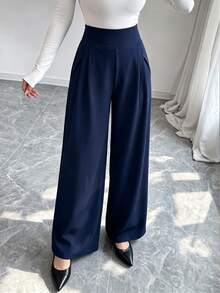 Elenzga Spring Autumn High-Waist Wide Leg Pants For Women With Front Pleats Side Pockets Draped Loose Slimming Double Layer Woven Casual Long Trousers - Navy Blue - View 5
