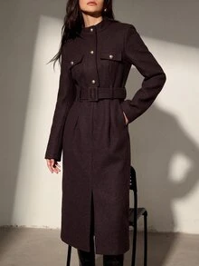 Aveloria Modichic 羊毛混紡優雅修身長洋裝附腰帶，奢華時尚風辦公深棕色 - 棕色 - 查看 1