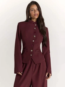 SHEIN BAE Setelan Blazer dan Celana Panjang Wanita Warna Burgundy dengan Kerah Tegak dan Bahu Lebar - Burgundy - View 8