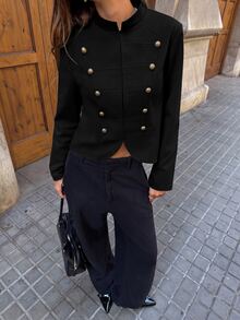 Aloruh Women's Solid Color Rivet & Button Decor Fashion Casual Jacket - Black - View 3