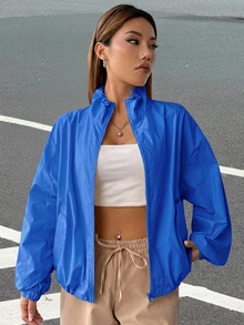 SHEIN EZwear 秋冬款拉鍊式落肩夾克外套 - 寶藍色 - 查看 5
