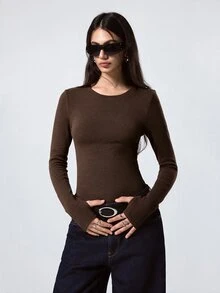 LYSMO 女款圓領長袖純色修身基本款舒適極簡風T恤 - 棕色 - 查看 2