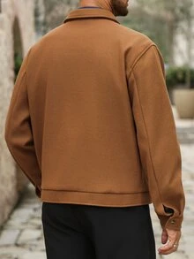 Manfinity Mode 男士純色羊毛混紡翻領短夾克，極簡拉鍊設計，秋冬商務休閒百搭通勤外套，適合萬聖節、聖誕節、新年送禮 - 棕色 - 查看 2