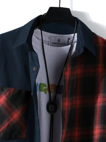 Manfinity Homme Men's Patchwork Plaid Pattern Long Sleeve Shirt Suitable For Dating, Vacation, Party, Daily Wear, Gathering, Outdoor Activities, Commuting, Street Style - Royal Blue - View 3