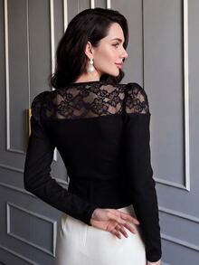 Modelyn Women's Elegant V-Neck Fitted Lace Patchwork Waist-Cinching Knit Top For Daily Commute And Date Outfits - Black - View 2