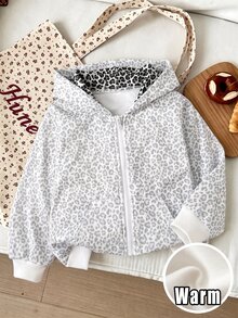 Elladie kids 女童休閒保暖內裡拼接色塊豹紋運動外套，秋冬休閒上衣 - 淺灰色 - 查看 6