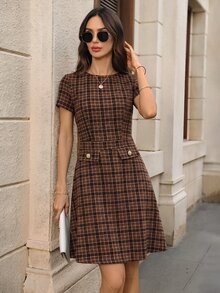 EMERY ROSE 女款短洋裝 辦公室穿著 棕色格紋 優雅風 - 棕色 - 查看 6