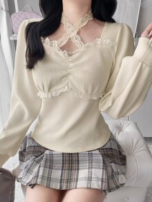 FRIFUL Women's Sweet Versatile Lace Patchwork Pleated T-Shirt - Beige - View 5