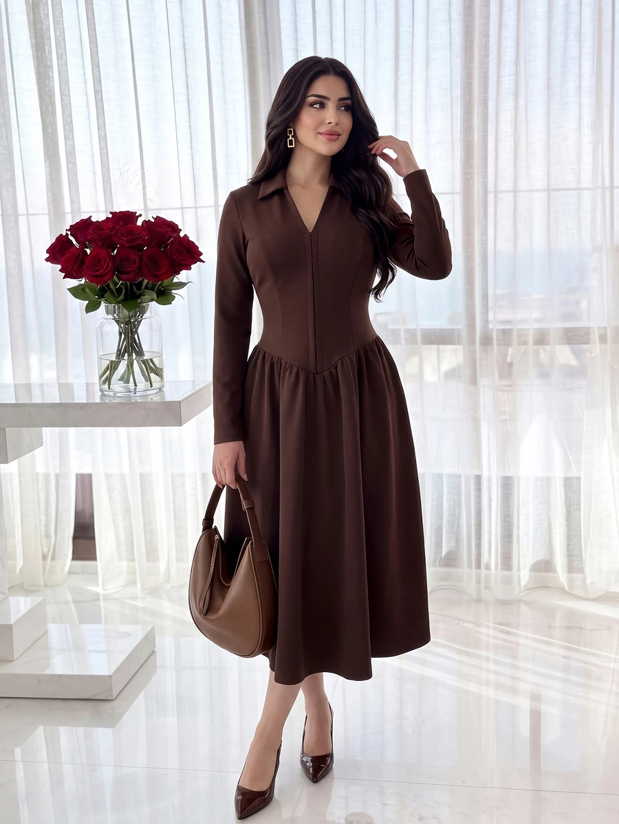 Feyla Women's Solid Color Elegant Daily Business Commute V-Neck Midi Dress - Brown - View 1