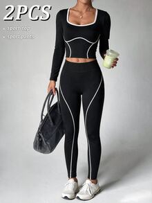 SHEIN Dewbera Women's Minimalist Long Sleeve Top And Striped Colorblock Pants Sports Set - Black - View 5