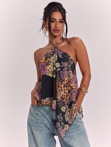 SHEIN BAE 女款掛脖背心上衣，休閒極簡度假波希米亞優雅浪漫復古豹紋花卉圖案，女款秋季服飾，秋季穿搭，女款正式襯衫，女款通勤穿搭 - 彩色 - 查看 1