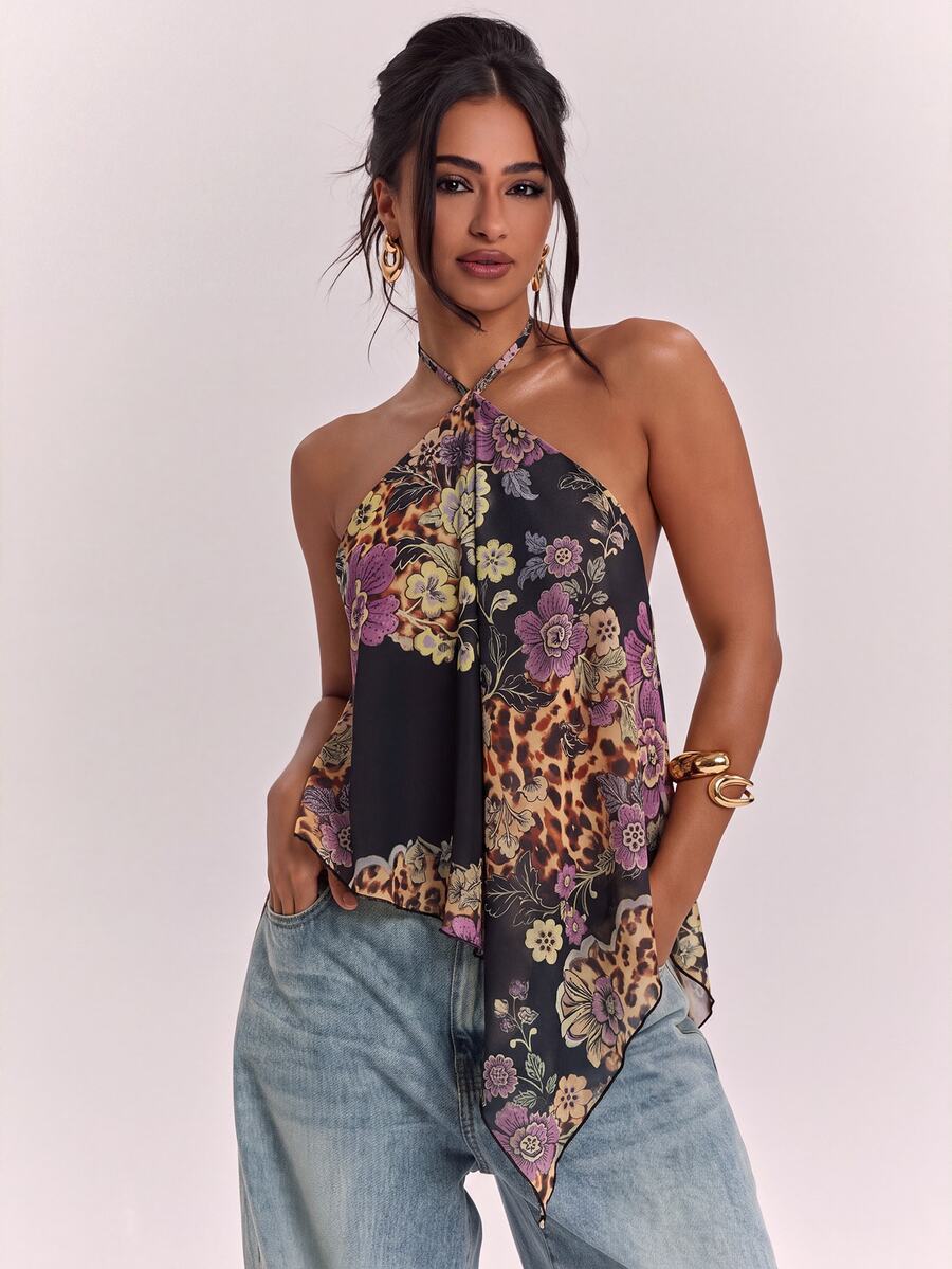 SHEIN BAE 女款掛脖背心上衣,休閒極簡度假波希米亞優雅浪漫復古豹紋花卉圖案,女款秋季服飾,秋季穿搭,女款正式襯衫,女款通勤穿搭 - 彩色 - 查看 1