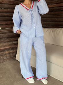 Dazy Plus Contrast Trim Cardigan Long Sleeve Top & Straight Leg Long Pajama Pants 2pcs Set Sleepwear Outfit - Baby Blue - View 7
