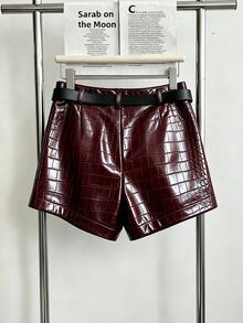 INAWLY Women's Solid Color PU Leather Casual Versatile Daily Wear Shorts - Burgundy - View 2