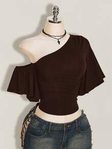SHEIN ICON 女款素色不對稱肩休閒日常穿搭上衣 - 咖啡棕 - 查看 9