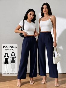 SHEIN PETITE 女款素色休閒百搭日常穿著長褲 - 藏蓝色 - 查看 6