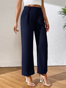 SHEIN PETITE 女款素色休閒百搭日常穿著長褲 - 藏蓝色 - 查看 3