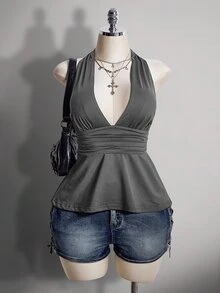 SHEIN ICON 大尺碼掛脖深V領收腰A字露背灰色背心，復古性感優雅Y2K娃娃裝，適合外出夜店夏季穿搭 - 灰色 - 查看 6