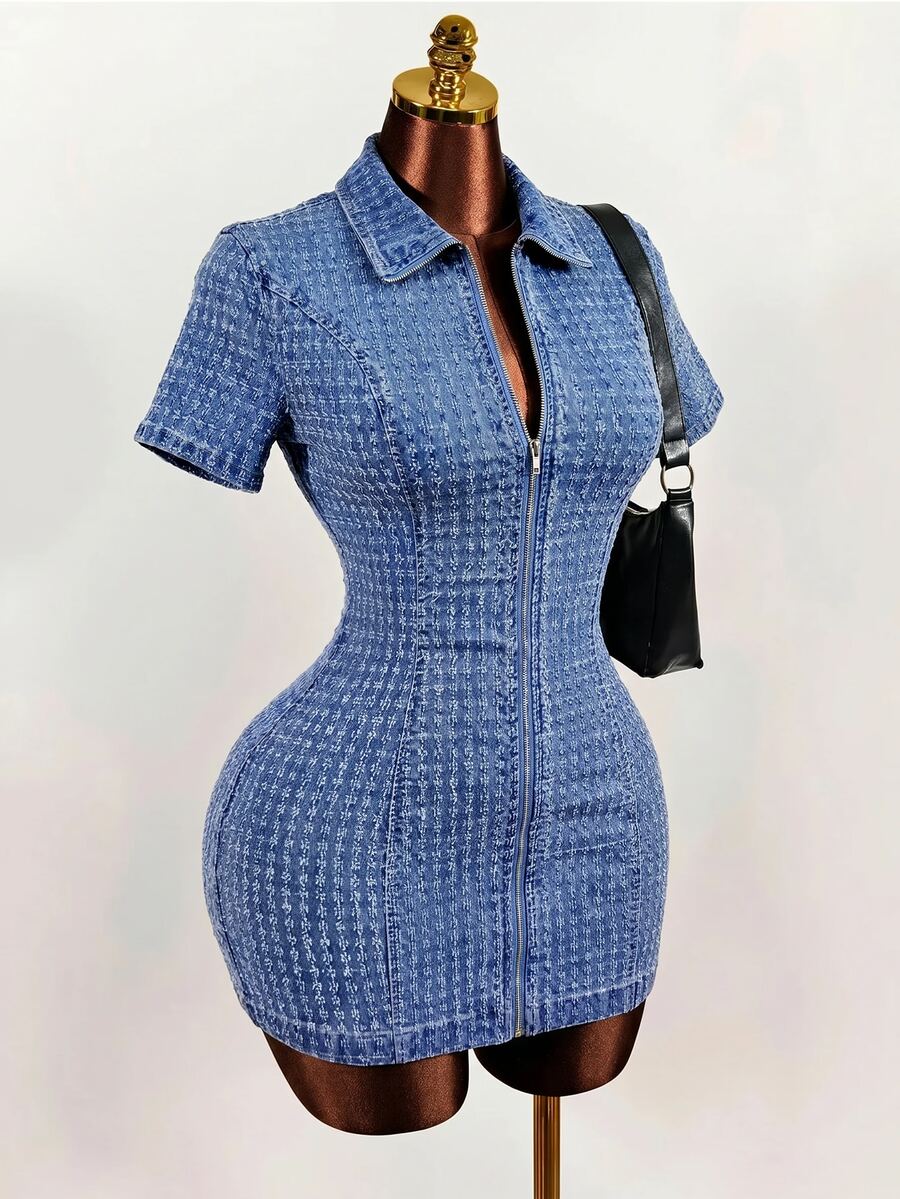 Slaydiva Plus Size Women's Collared Short Sleeve Zipper Denim Mini Dress - Blue - View 1