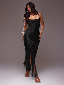 MUSERA Bandage Spaghetti Strap Layered Fringe Maxi Dress Spring Summer Holiday Vacation Going Out Ibiza Festival Y2K Luxury Vivid - Black - View 5
