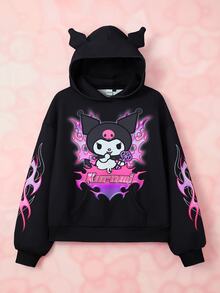 HELLO KITTY AND FRIENDS | SHEIN Women's Hooded Long Sleeve Cartoon Print Sweatshirt - Black - View 1