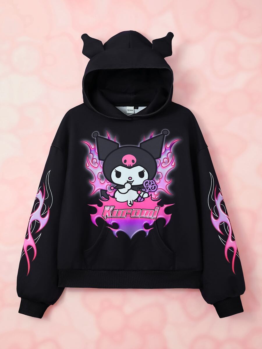 HELLO KITTY AND FRIENDS | SHEIN Women's Hooded Long Sleeve Cartoon Print Sweatshirt - Black - View 1