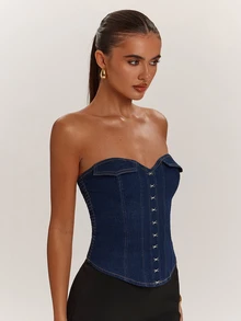 SHEIN BAE Women's Denim Bandeau Sleeveless Asymmetrical Hem Bustier - Blue - View 6