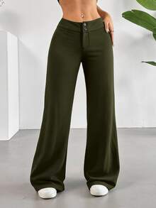 SHEIN Tall CURVE 女款大尺碼休閒極簡寬腿長褲 秋季 - 墨綠色 - 查看 7