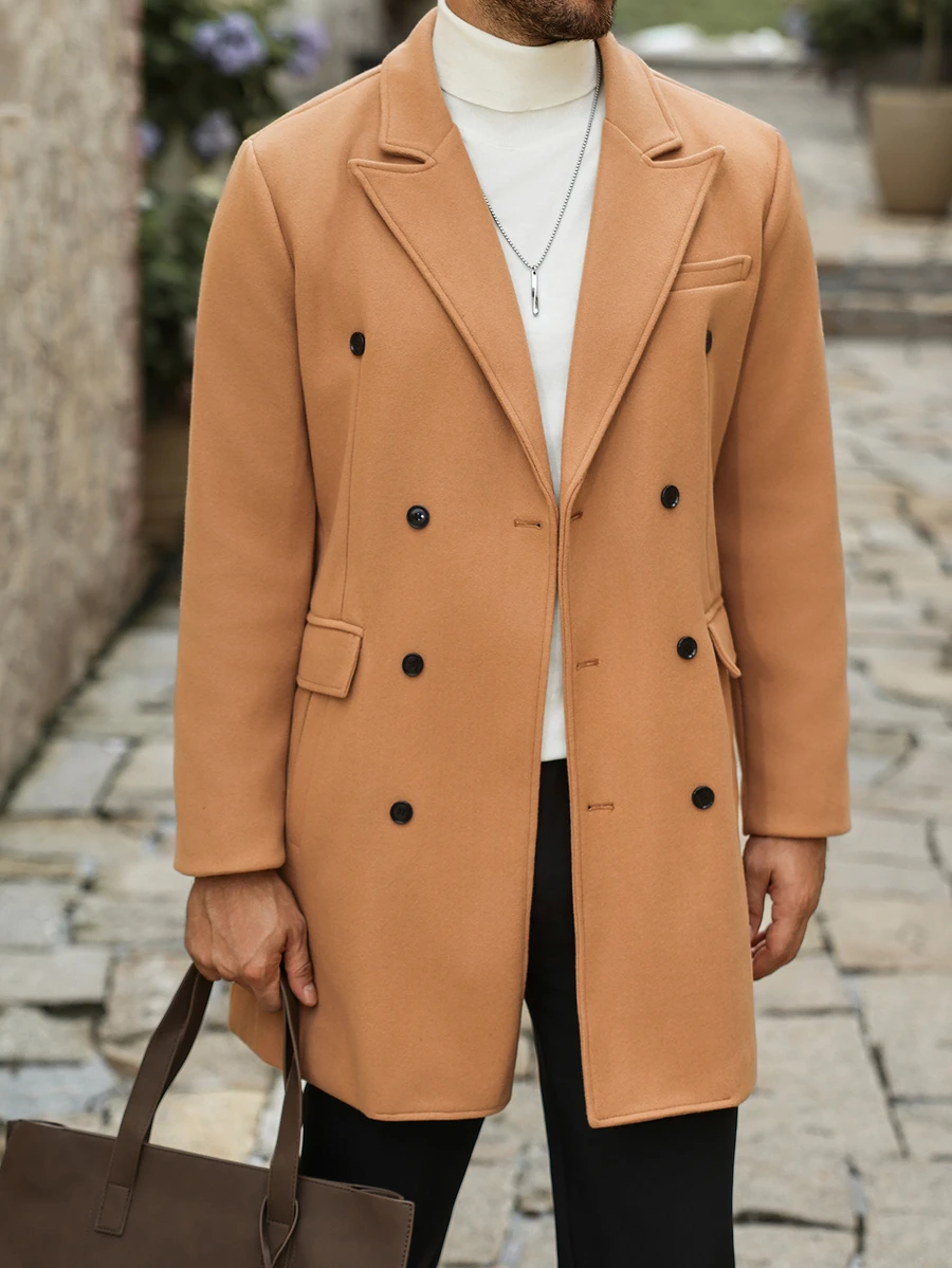 Manfinity Mode Men's Solid Color, Button-Down, Long-Sleeved Black Overcoat, Autumn/Winter Style. - Khaki - View 1