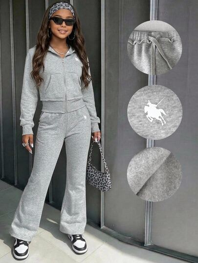Kids Tween Girls Tween Girl Gray Hooded Sweatshirt & Flare Pants 2pcs Set Casual Printed Daily Versatile Comfortable