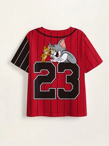 TOM & JERRY X SHEIN Tween Girl Cartoon & Letter Graphic Striped Tee - White - View 8