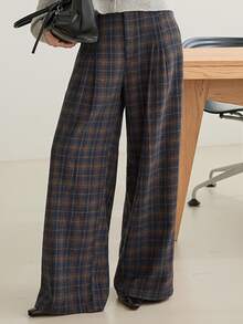 Dazy-Less Autumn/Winter Navy Blue High-Waist Pleated Solid Color Loose Straight Leg Casual Vintage 2000s Versatile Wide Leg Women's Long Pants Plaid Office Work - Navy Blue - View 3