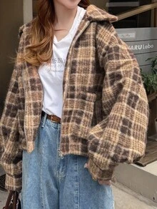 FRIFUL Women's Vintage Plaid Pocket Zipper Long Sleeve Jacket - Grey - View 1