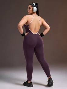 Powerista Jumpsuit Celana Panjang Wanita Plus Size Tanpa Lengan dengan Kerah Halter dan Trim Kontras - Purple - View 7