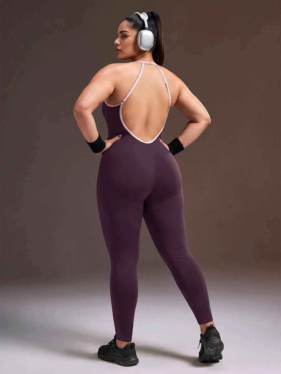 Powerista Plus Size Women Contrast Trim Halter Neck Sleeveless Long Pants Jumpsuit - Purple - View 1