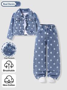 SHEIN 女童波點牛仔套裝 淺藍水洗短版牛仔夾克與直筒牛仔褲 2件組 秋季甜美休閒校園風少女服飾 - 淺色水洗藍 - 查看 3
