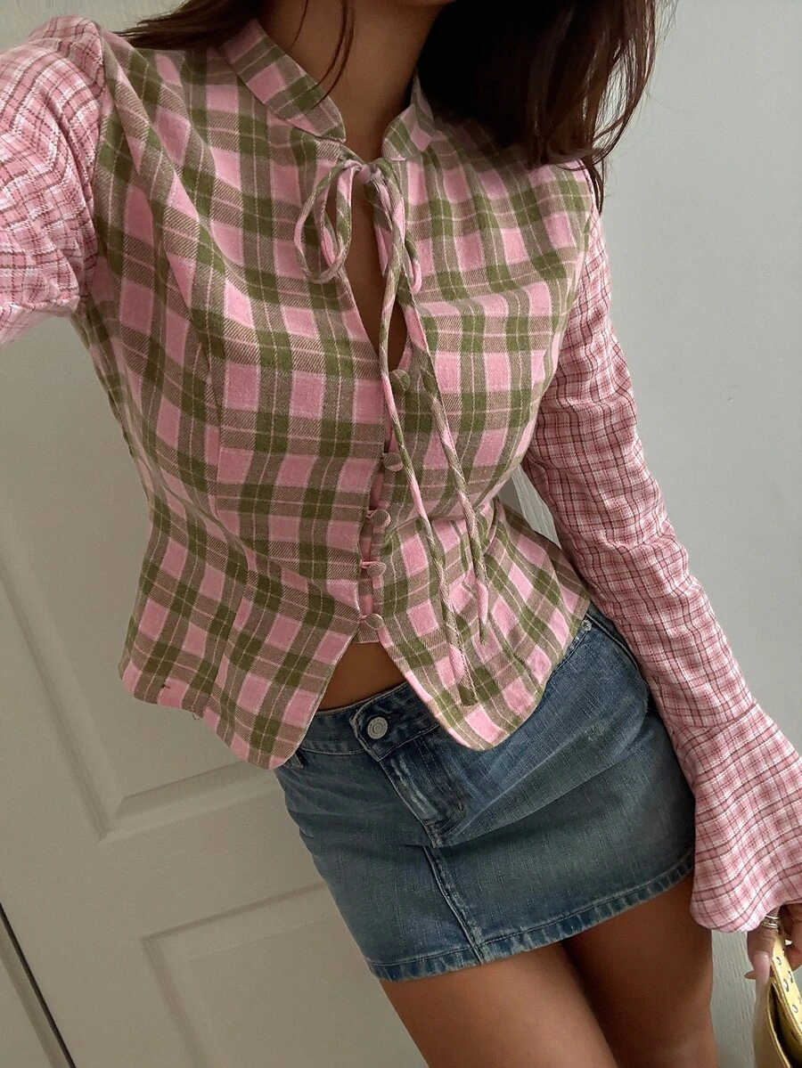 Strévra Women's Colorblock Plaid Pattern Patchwork Bell Sleeve Knot Decor Button Shirt - Pink - View 1