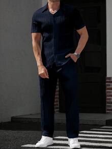 Manfinity Homme 男士純色短袖襯衫與長褲休閒日常穿搭套裝 - 藏蓝色 - 查看 3