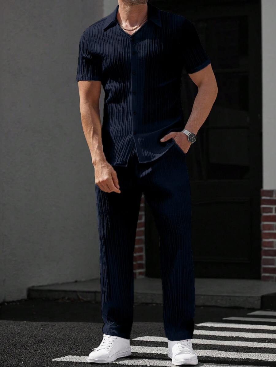 Manfinity Homme Men's Solid Color Short Sleeve Shirt And Long Pants Casual Daily Outfit Set - Navy Blue - View 1
