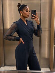 SHEIN SXY Women's Mesh Patchwork Casual Daily Wear Jumpsuit Long Pants - Black - View 6