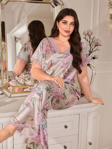 MuseNap CURVE Large Floral Print Faux Silk Contrast Lace Short Sleeve Top And Long Pants Elegant Plus Size Pajama Set - Multicolor - View 3