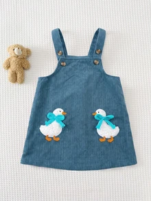 SHEIN Cute Casual Knit Striped T-Shirt & Loose Cartoon Pattern Overall Dress Set - Blue - View 3
