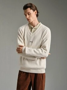 Calmiston 男士街頭休閒刺繡長袖針織衫 百搭款 - 白色 - 查看 8