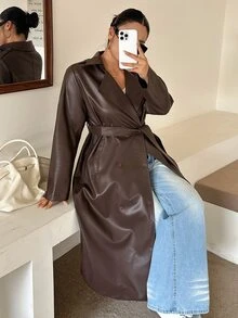 Dazy Plus PU Leather Loose Blogger Casual Streetwear Long Coat, Autumn/Winter - Brown - View 5